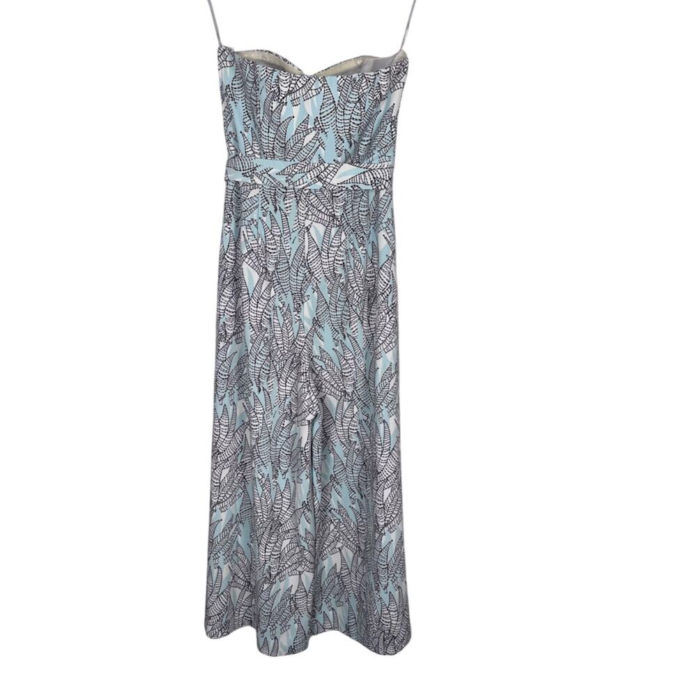 H&M Bandeau Belted Jumpsuit Size 4  Wide Leg Crop Spring Light Blue Leaf Print - Picture 7 of 13